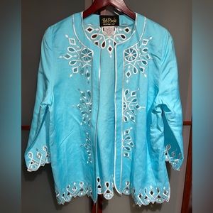 Bob Mackie Wearable Art Embroidered Cutout Aqua Linen Blend Open Front Jacket S